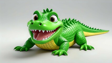 Fototapeta premium Cheerful cartoon crocodile, 3D rendering, bright green, friendly expression, isolated on white background, playful, happy.