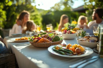 A family enjoys a sunny outdoor meal with grilled chicken and fresh vegetables.