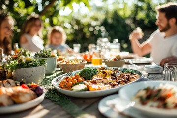 A family enjoys a sunny outdoor meal featuring grilled chicken, vegetables, and salads.