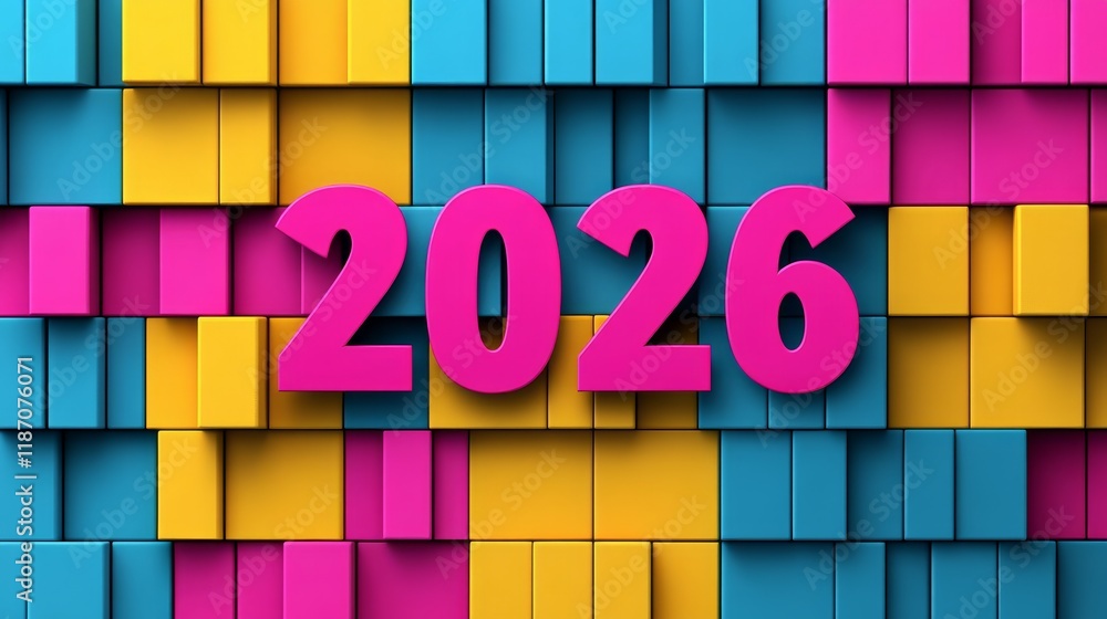 Poster abstract 2026 design vibrant color block background with 3d number, perfect for new year concepts