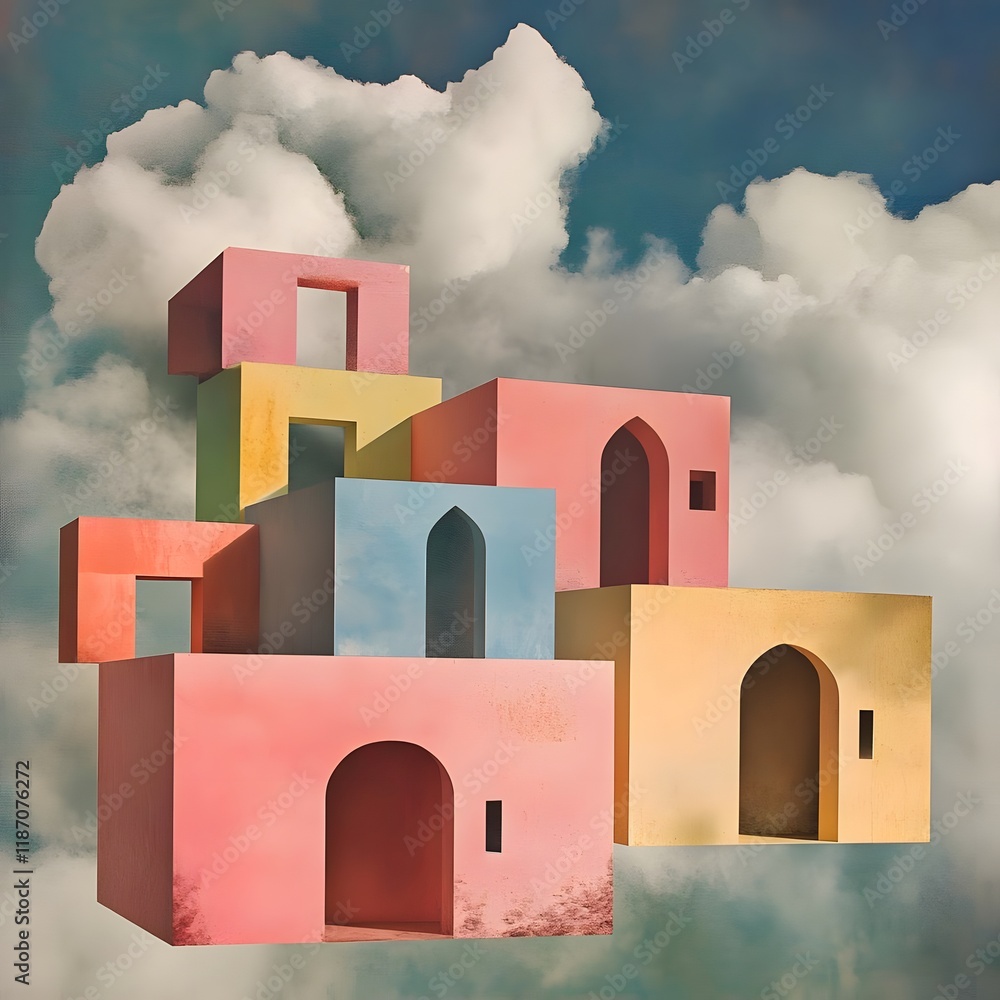 Poster abstract colorful structures floating among clouds, creating a surreal architectural scene.