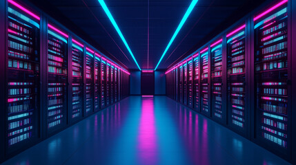 Fototapeta premium Futuristic data center with neon lights suitable for technology websites and IT infrastructure promotions