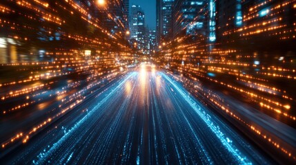 Futuristic city street at night with glowing light trails.