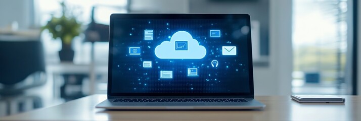 Laptop displaying cloud computing technology connecting to an internet online server network, symbolizing data storage, access, and processing in a modern office environment