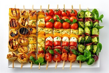 Grilled skewers with cheese, vegetables, and herbs, perfect for summer gatherings.