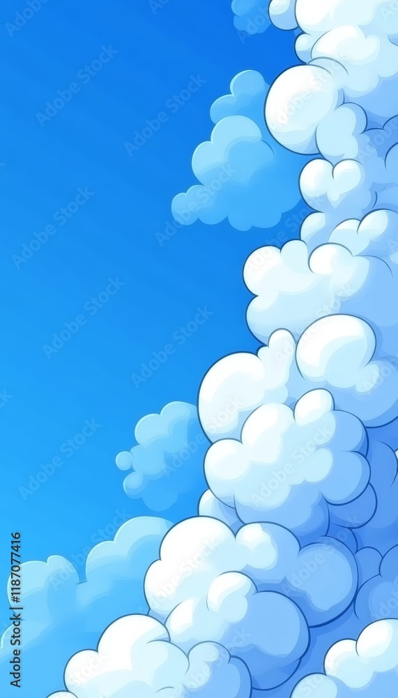 Poster serene blue sky backdrop with fluffy, cumulus clouds and open space for copy or text overlay