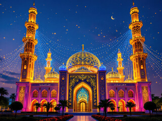 Obraz premium Stunning illuminated mosque at night with vibrant colors and stars in the sky
