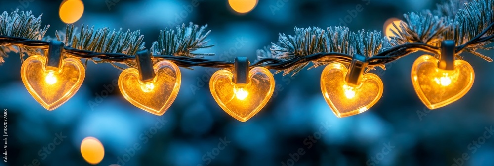 Poster glowing heart-shaped lights on a string with festive fir branches. perfect background. dreamy bokeh
