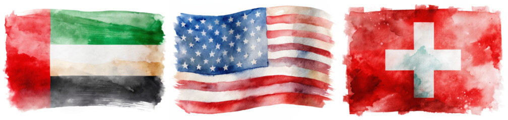 Obraz premium Watercolor flags, UAE flag, USA flag, Swiss flag, artistic representation, vibrant colors, cultural symbols.