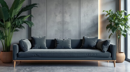 modern minimalist living room with dark-blue velvet couch