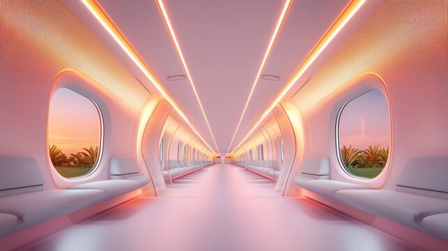 The interior of a hyperloop tunnel with sleek, glowing lines and futuristic lighting, creating a sense of speed and technological advancement.