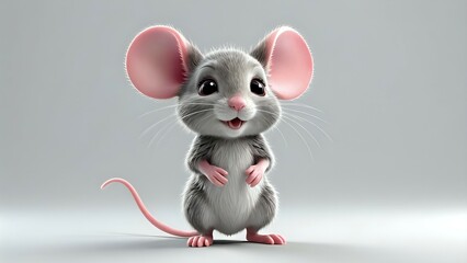 Adorable 3D-rendered gray mouse standing, big pink ears, happy expression, fluffy fur, cute cartoon style, studio shot, neutral background.
