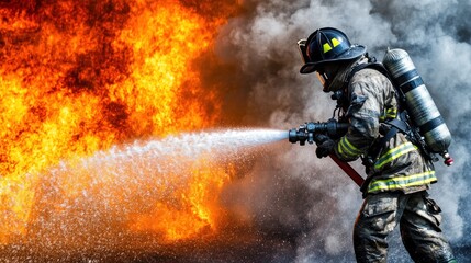 Fototapeta premium Firefighter Bravely Battling Infernal Blaze, a Dramatic Display of Courage and Skill in Action