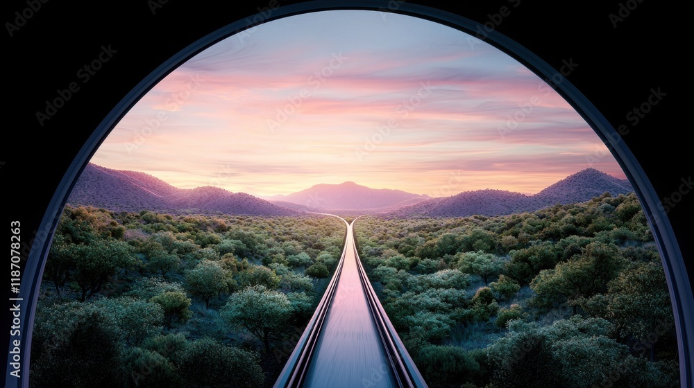 Poster a view from the front of a hyperloop capsule as it enters a tunnel, the opening appearing as a shrin