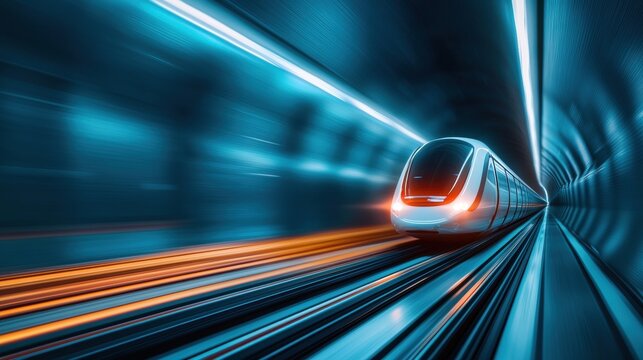 A sleek, silver hyperloop capsule traveling at high speed through a tunnel, with light trails blurring around it.