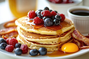 A stack of fluffy pancakes topped with fresh raspberries, blueberries, and a drizzle of maple syrup, served with crispy bacon and a fried egg.