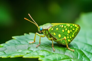Macro photography of a brightly colored planthopper insect resting on a vibrant green leaf in nature