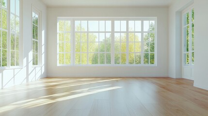 Fototapeta premium A minimalist Scandinavian room with large white walls and warm wooden floors is beautifully rendered in 3D.