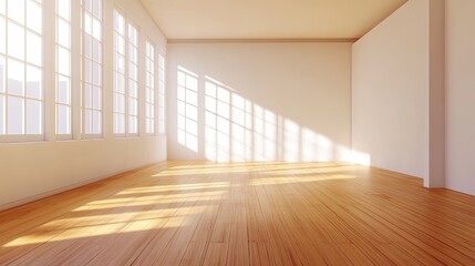 Fototapeta premium A minimalist Scandinavian room with large white walls and warm wooden floors is beautifully rendered in 3D.