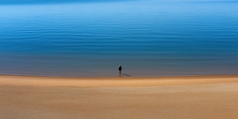 A lone figure stands mesmerizingly still on a serene shore, meeting the calm waters at the horizon, evoking thoughts of solitude and contemplation in a peaceful landscape.