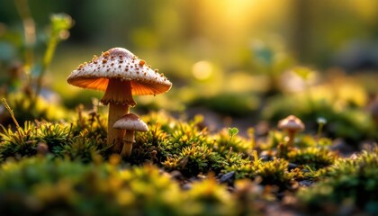 Enchanted Forest Floor Sunlight Filtering Through Mushroom Canopy Illuminating Mossy Ground