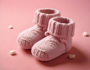 pink baby shoes, Pink colors pair of baby socks on pink bakground, new born baby socks elements
