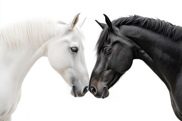 White and black horses showing affection by touching noses against white background	
