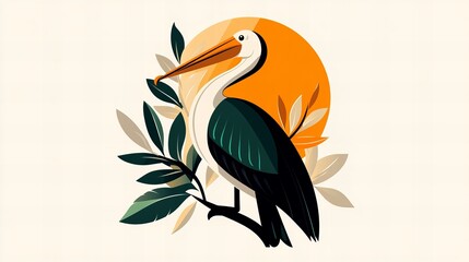 Obraz premium Elegant pelican illustration against a warm sunset backdrop, surrounded by stylized foliage.
