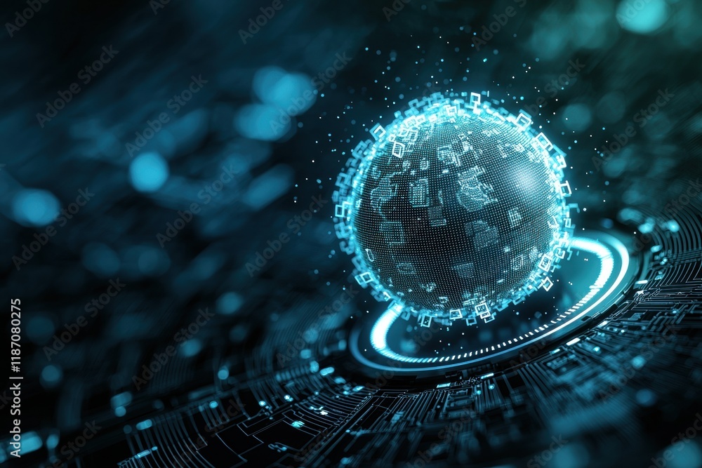 Poster floating digital sphere with glowing particles and circuit background design