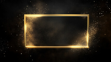 Obraz premium Golden luxury glowing rectangular frame with gold dust on the black background, elegant backdrop, award ceremony banner