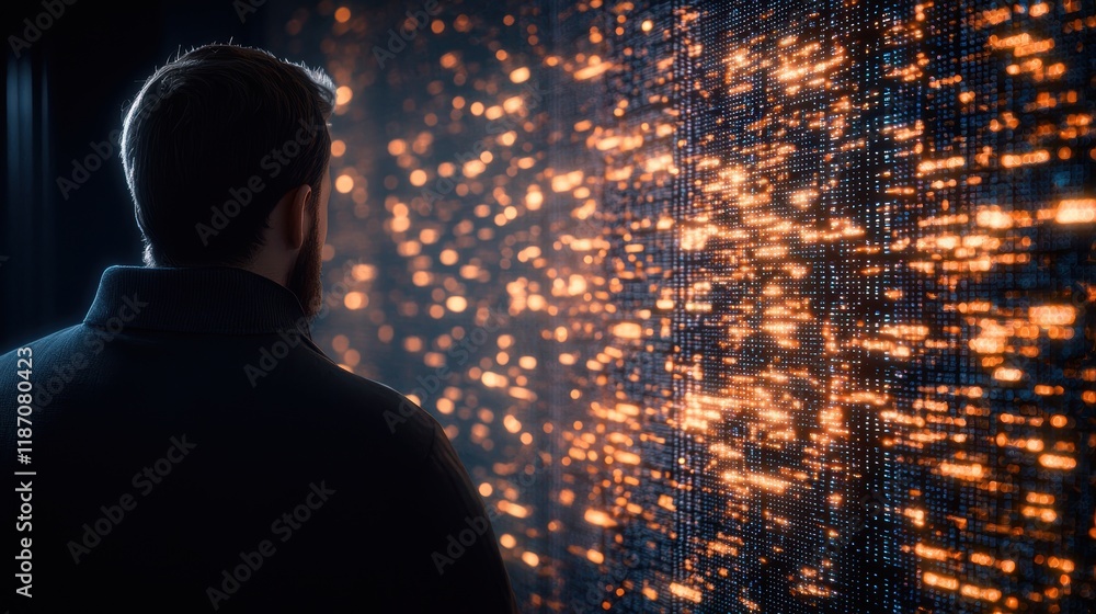 Aufkleber person observing abstract digital data stream with glowing particles in dark space