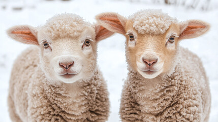 Obraz premium Two cute little domestic lambs or baby sheep standing outdoors on a snowy winter pasture or meadow in a countryside or village, looking at the camera, closeup photography. cold weather season.