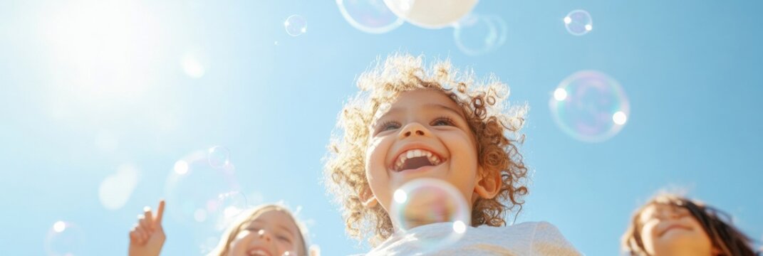 Joyful Childhood Multicultural Kids Blowing Bubbles at a Spring Outdoor Festival - Powered by Adobe