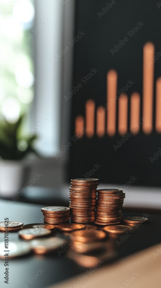 Poster Stacks of coins symbolizing increasing profits sit on a desk, with a blurred background featuring a rising bar graph and a window, suggesting a positive financial trend in a business setting