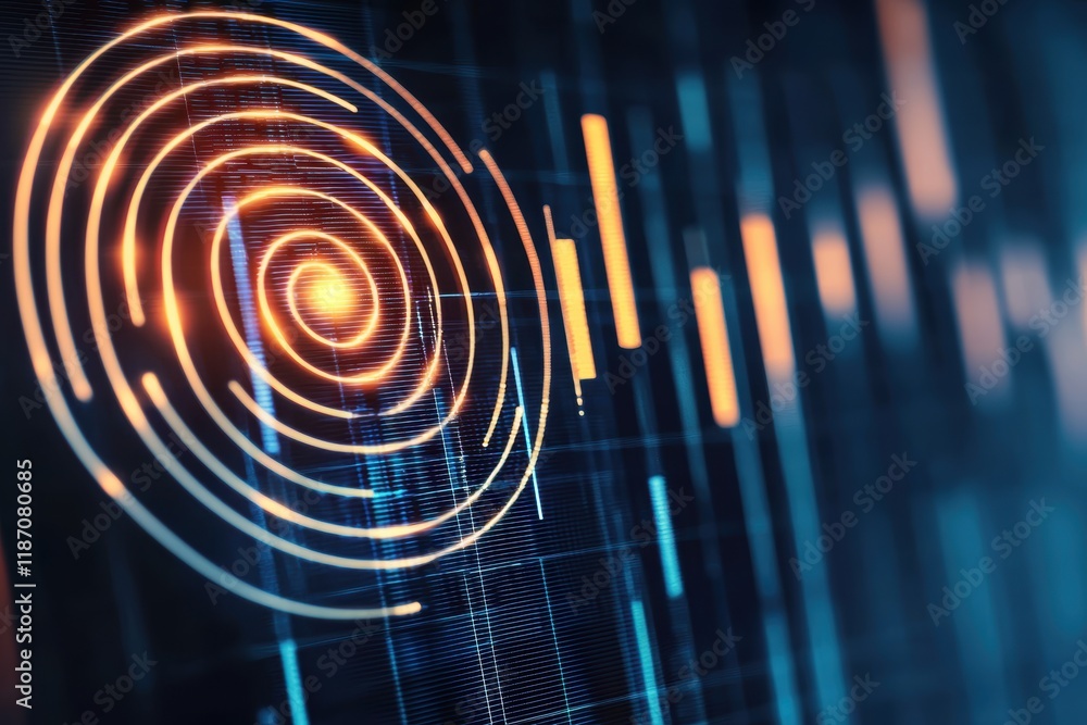 Poster abstract digital fingerprint design with glowing lines on dark background