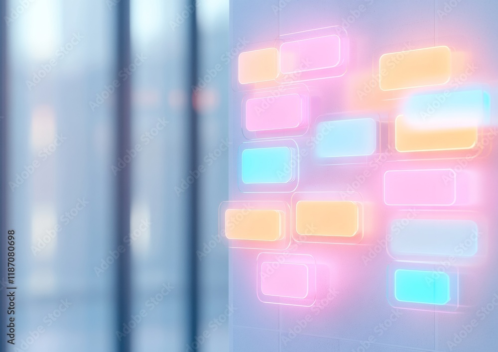 Poster neon holographic interface in soft focus modern remote work concept