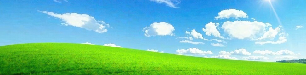 Emerald grass carpet, azure sky canvas, cumulus clouds , nature, airy