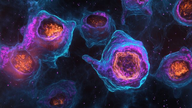 Cancer cells illuminated with glowing edges showcasing intricate details under microscopic observation. Generative AI