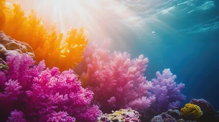 Fototapeta premium Vibrant coral reef bathed in sunlight underwater scene