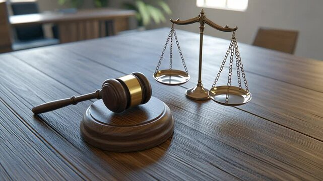 Justice Scales and Gavel on Wooden Table