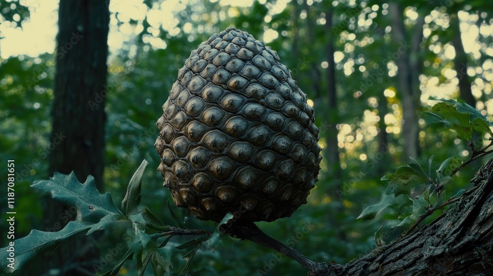 Poster lone pine cone hanging from a forest branch