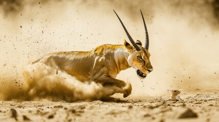 Lioness chasing sable antelope in desert dust cloud