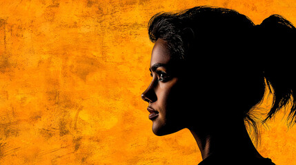 A silhouette of a woman against a vibrant orange background, highlighting her profile and unique features.