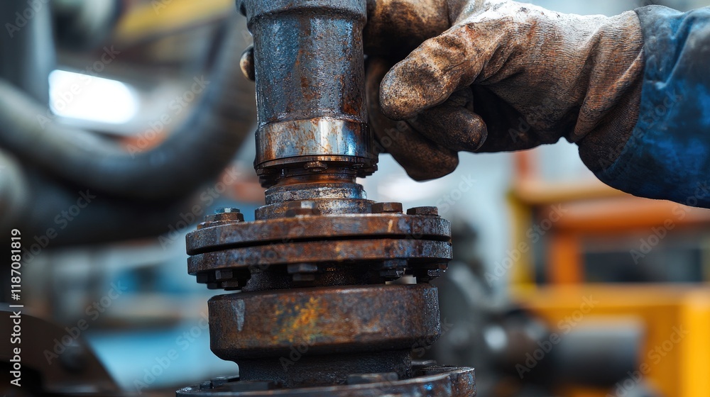 Poster gloved hand assembling rusty industrial machine part
