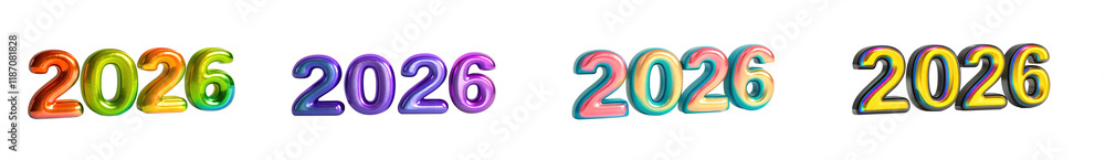 Wall mural set of 3d iridescent new year 2026 text background in colorful finish.