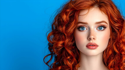 Fototapeta premium A striking portrait of a woman with vibrant red curly hair, bright blue eyes, and a smooth complexion against a bold blue background.