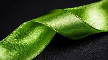 A vibrant green ribbon elegantly cascades across a dark background, showcasing its smooth texture and shine.