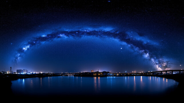 breathtaking milky way arch over a tranquil cityscape with reflections on a calm river for night sky enthusiasts and cosmic-themed designs