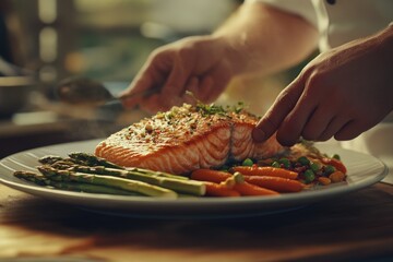 Chef plating a delicious pan-seared salmon fillet with roasted asparagus and baby carrots.