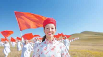 Obraz premium Vibrant Parade with Traditional Costumes Against Mountainous Backdrop